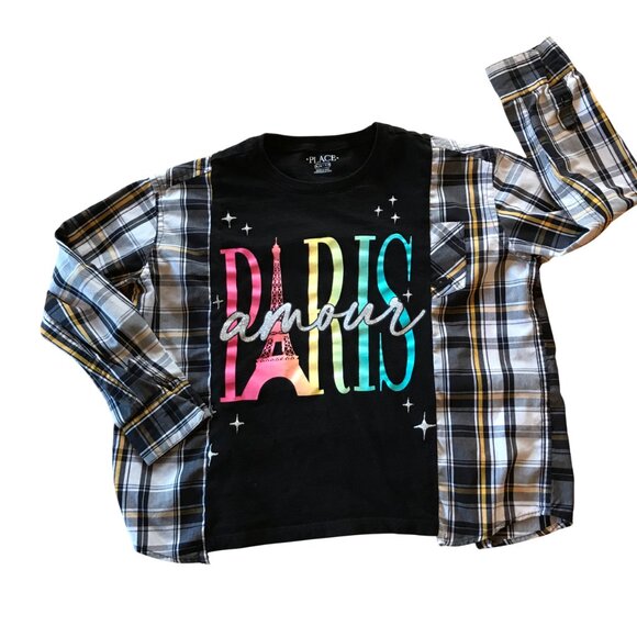 Upcycled Girl’s Cotton Plaid Tee: Oversized Paris Graphic T-Shirt, Child's 8-12 - Picture 3 of 7